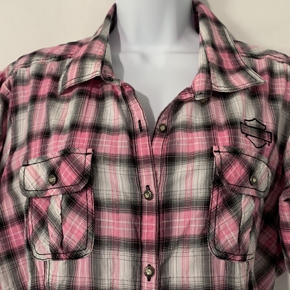 Harley Davidson Button-Down Plaid Shirt Button/Cuffed Sleeves Pink/Black/White - Picture 2 of 14